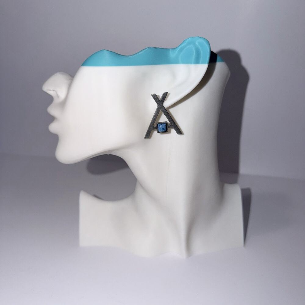 2B Modernist Geometric X Cross Stud Earrings Square Blue Stone Accent